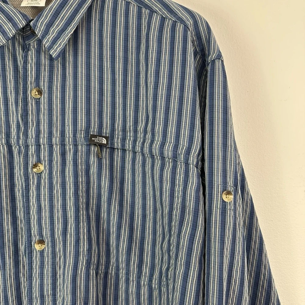 The North Face Button Up Shirt Mens XL Blue Striped Long Sleeve Pocket Camp Hike